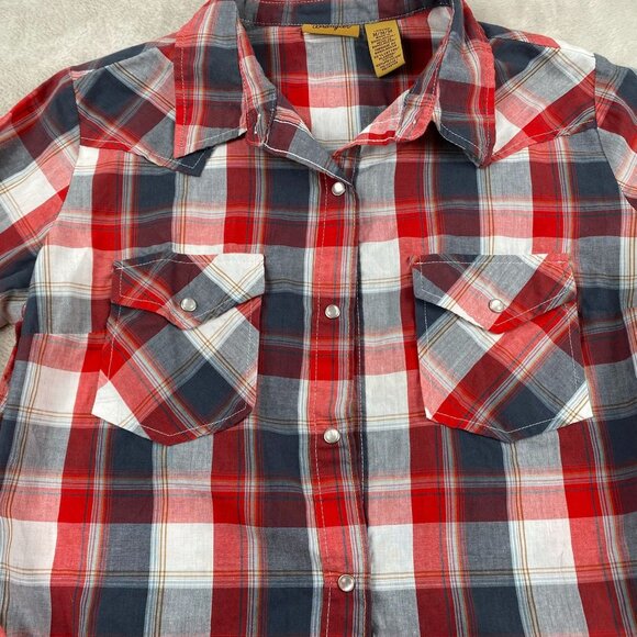 Wrangler Mens Shirt Medium Long Sleeve Western Button Up Pearl Snap Red Plaid - Picture 9 of 10